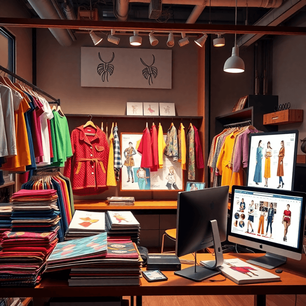 A vibrant fashion merchandising workspace with colorful clothing samples, trend boards, fabric swatches, sketchbooks, and a computer showcasing fas...