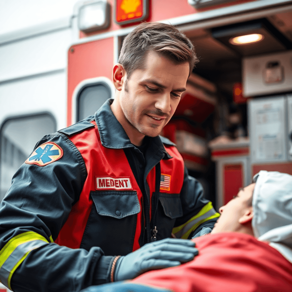 An EMT in uniform provides care to a patient in an emergency situation, with an ambulance and medical equipment visible in the background, showcasi...