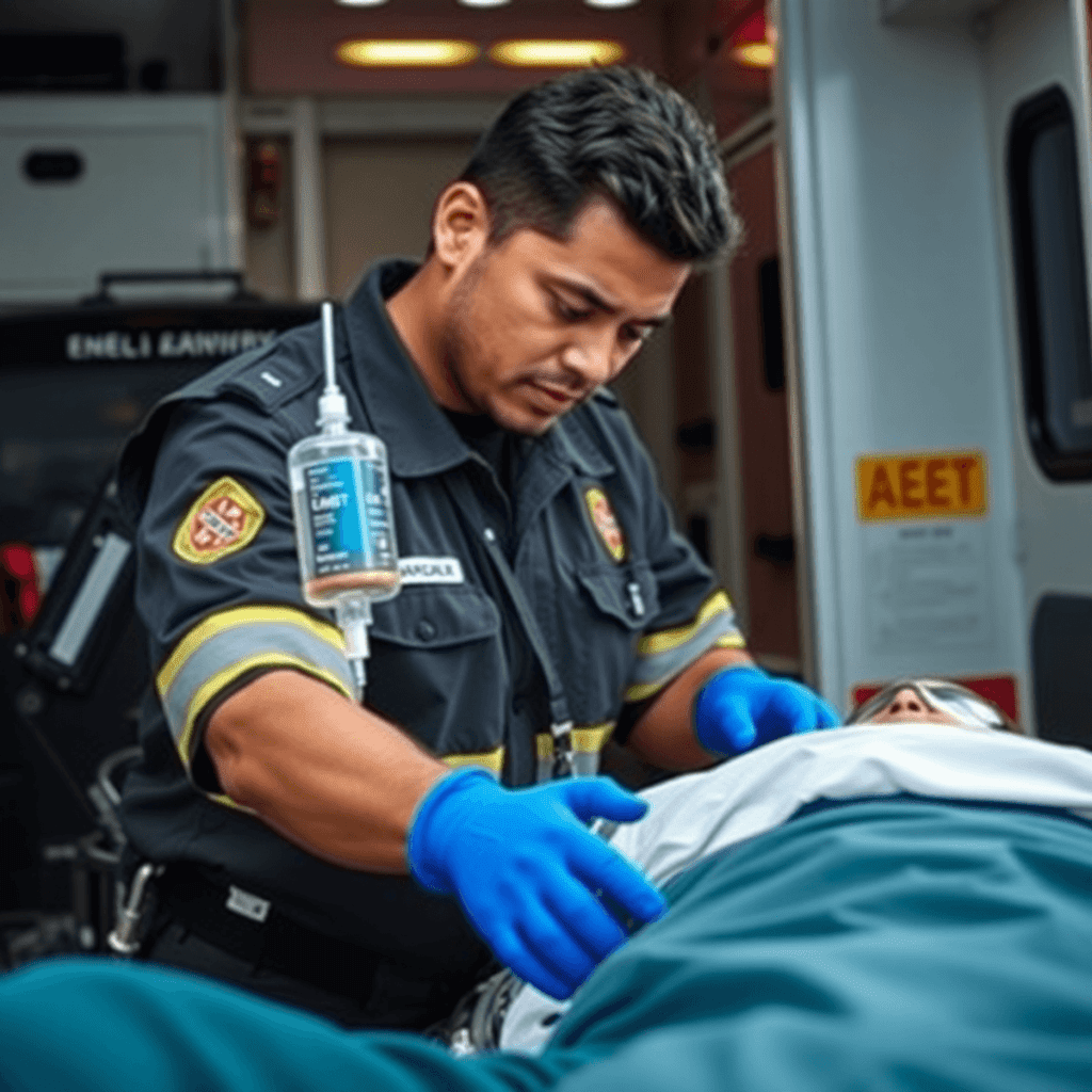 EMT performing advanced life support on a patient on a stretcher, using medical equipment in an emergency scene with an ambulance in the background.