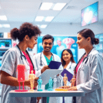 Healthcare professionals collaborating in a bright, modern clinic with anatomical models, medical charts, and digital health technology screens in ...