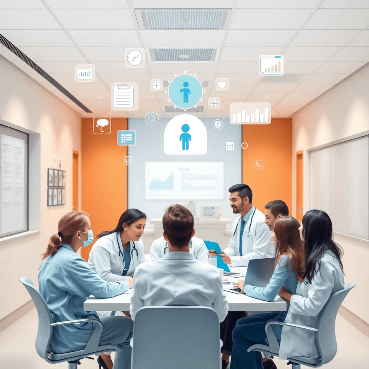 Healthcare professionals collaborating in a modern hospital office with digital charts and medical icons floating around, symbolizing online learni...