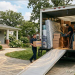 A loaded moving truck outside a house showing packed furniture and clothes boxes, with graphic vector lines illustrating how bird mites travel and hitchhike during a residential relocation.