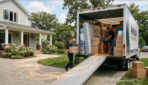 A loaded moving truck outside a house showing packed furniture and clothes boxes, with graphic vector lines illustrating how bird mites travel and hitchhike during a residential relocation.